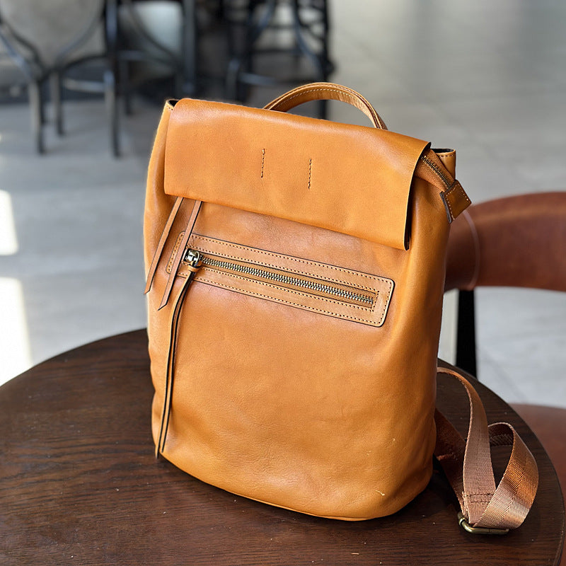 Genuine Vegetable-Tanned Cowhide Backpack for Women, New Original Japanese Vintage Artisan Large Capacity School Daypack, Casual Leather Bag for Ladies