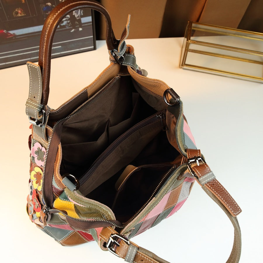 Genuine Leather Handwoven Colorful Patchwork Handbag for Women, Vintage Large Capacity Crossbody Purse, Casual Versatile Top Handle Shoulder Bag