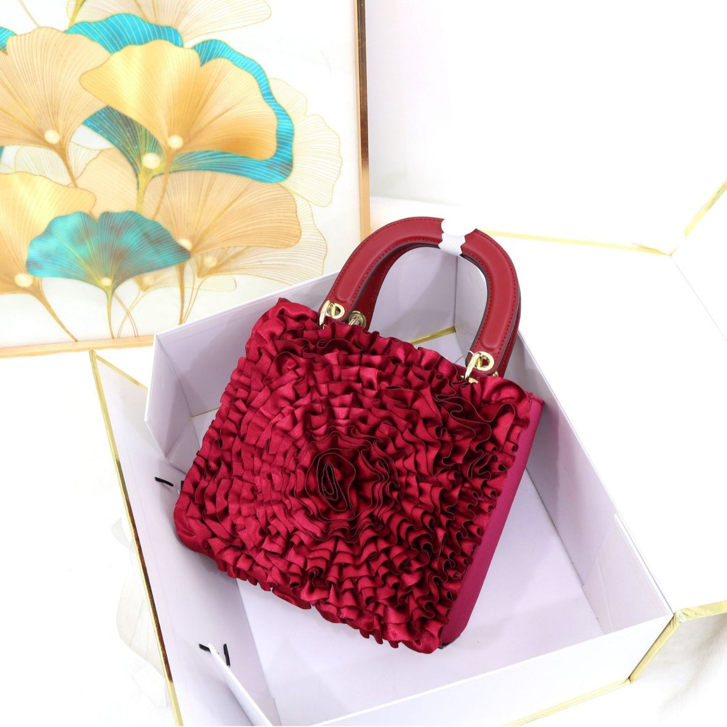 Premium Satin Ruffle Flower Diana-Style Handbag for Women, Exquisite Southeast Asian Designer Bag, High-Quality Ladies Shoulder Purse