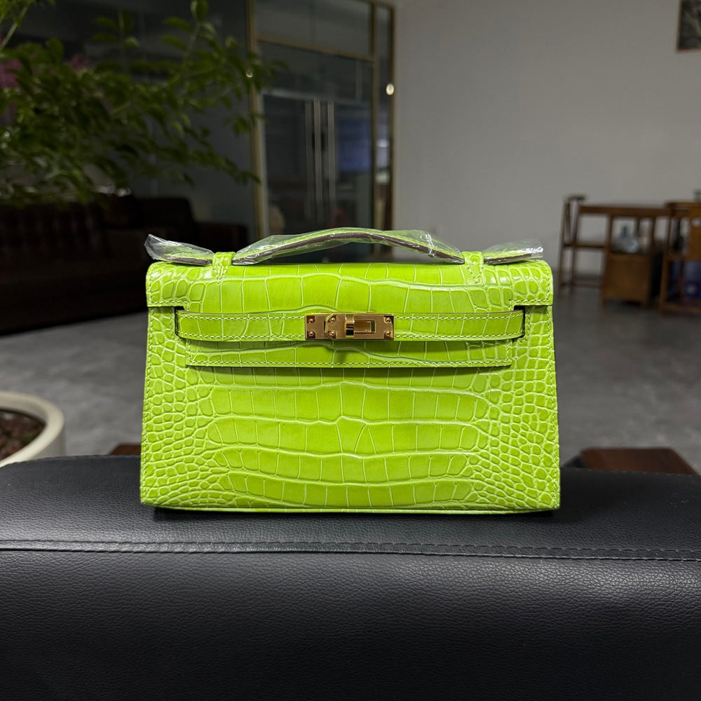 Genuine Top Layer Cowhide Crocodile-Embossed Kelly-Style 22cm Bag for Women, Hand-Stitched Waxed Thread with Full Steel Hardware, Light Luxury Small Square Top Handle Purse for Ladies