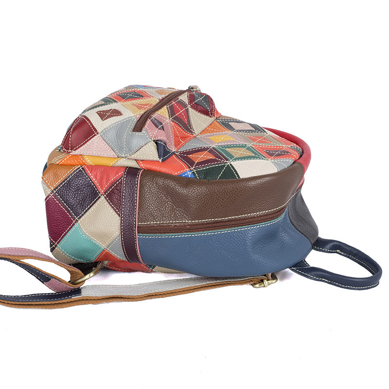 Genuine Cowhide Ethnic Colorful Diamond Quilted Patchwork Backpack for Women, Casual Trendy Handmade Shoulder Bag with Multi-Zipper Design, Travel Daypack for Ladies