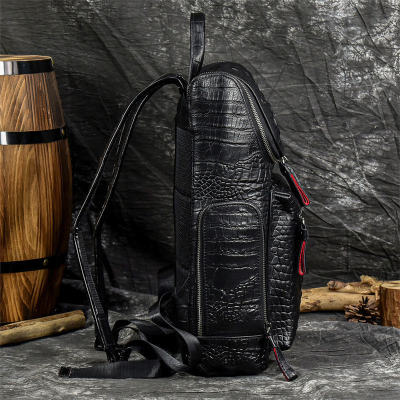 Genuine Cowhide Crocodile-Embossed Backpack for Men, Fashionable Creative Student School Travel Daypack, Durable Leather Laptop Computer Bag for Gentlemen