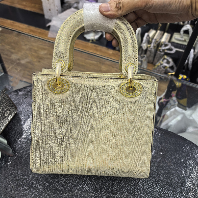 Genuine Gold Ostrich Leather Tote Bag for Women Large Capacity Shoulder Crossbody Handbag, Diamond Buckle Purse with Luxurious Texture