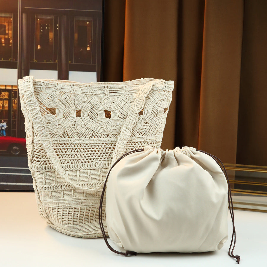 Hollow Woven Beach Tote Set for Women Large Capacity Shoulder Underarm Bag, Casual Korean Style Canvas Sub-Bag with Vacation-Ready Design