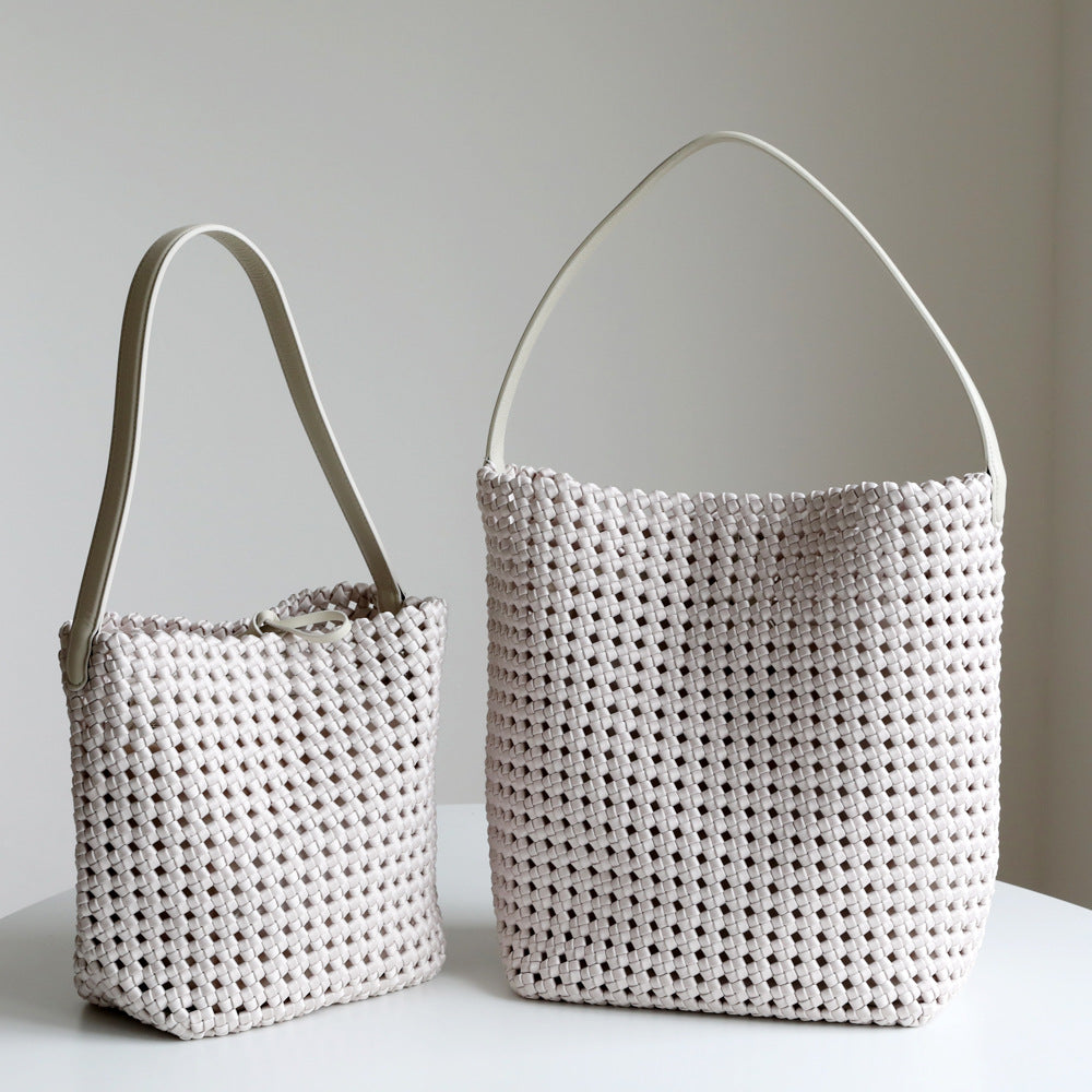 Hollow Woven Cowhide Tote Bag for Women Large Capacity Shoulder Underarm Handbag, Designer Style with Versatile Commuter Appeal