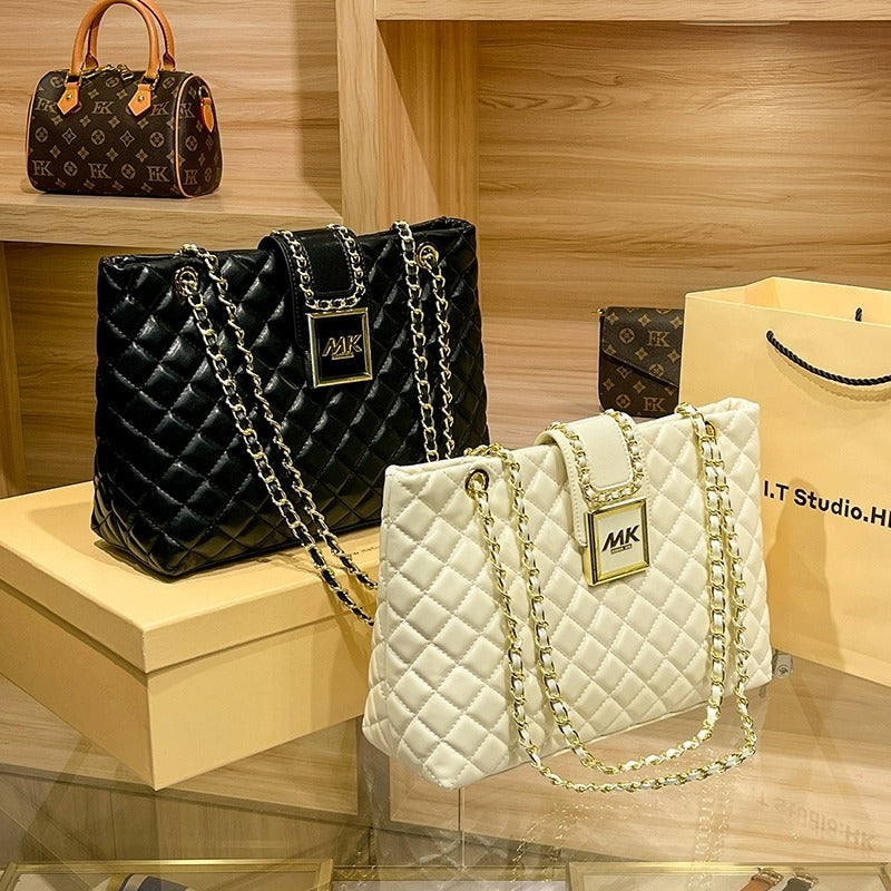 Genuine Leather Diamond Quilted Chain Tote Bag for Women, New Large Capacity Shoulder Handbag, Versatile Everyday Purse for Ladies