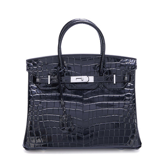 Genuine Leather Patent Crocodile-Embossed Birkin-Style Bag for Women, New Fashionable Top Handle Shoulder Crossbody Purse with Silver-Tone Hardware, Trendy Handbag for Ladies