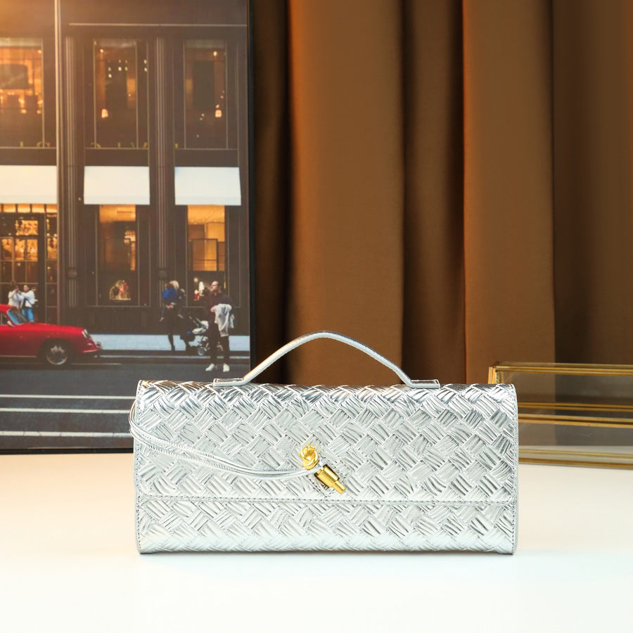 New Arrival Hand-Woven Line Pattern Evening Bag for Women, A Horizontal Baguette Clutch with High-End Look & Fashionable Design