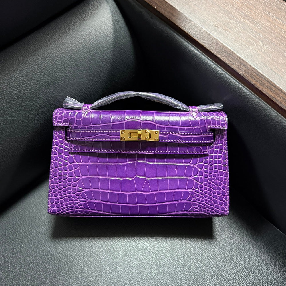 Genuine Top Layer Cowhide Crocodile-Embossed Kelly-Style 22cm Bag for Women, Hand-Stitched Waxed Thread with Full Steel Hardware, Light Luxury Small Square Top Handle Purse for Ladies