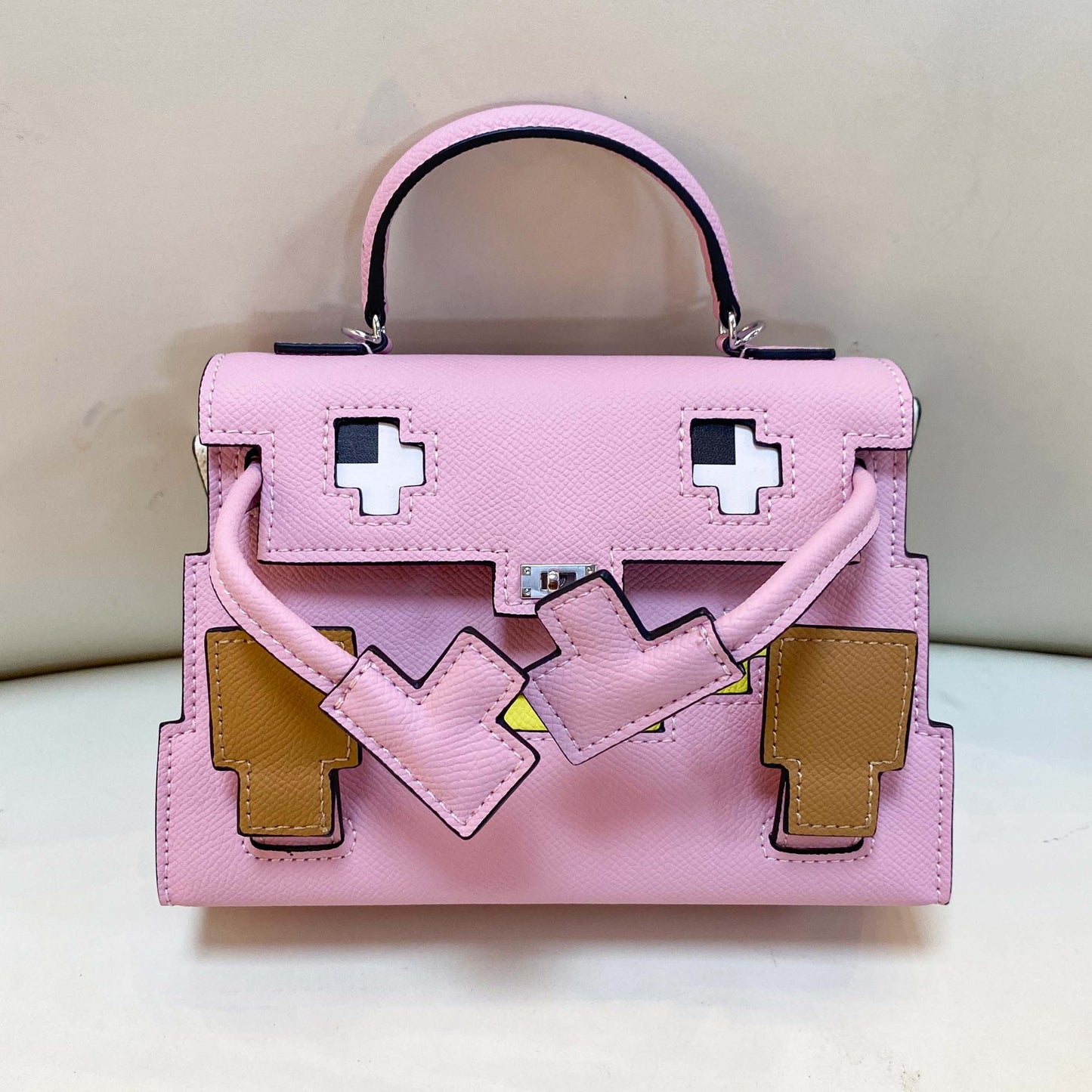 Genuine Leather Mosaic Doll Kelly-Style Bag for Women, Summer Bestseller Niche Designer Top Handle Shoulder Crossbody Purse, Cartoon Print Handbag for Ladies