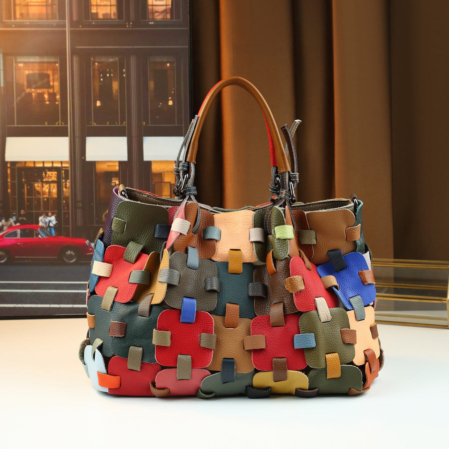 Woven Cowhide Patchwork Tote Bag for Women Large Capacity Colorful Top Handle Shoulder Crossbody Handbag with Premium Leather Craftsmanship
