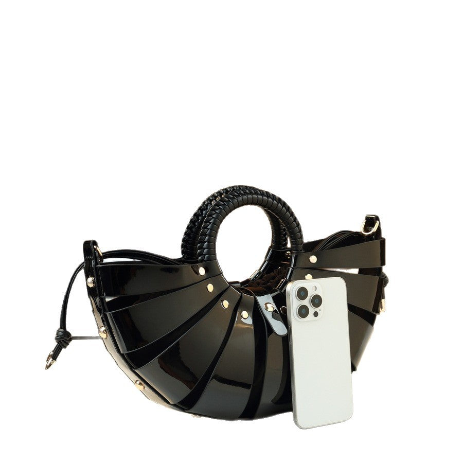 Fan-Shaped Shell Bag for Women Hollow Woven Sub-Bag Handbag, Trendy Shoulder Crossbody Purse with Unique Floral-Inspired Design