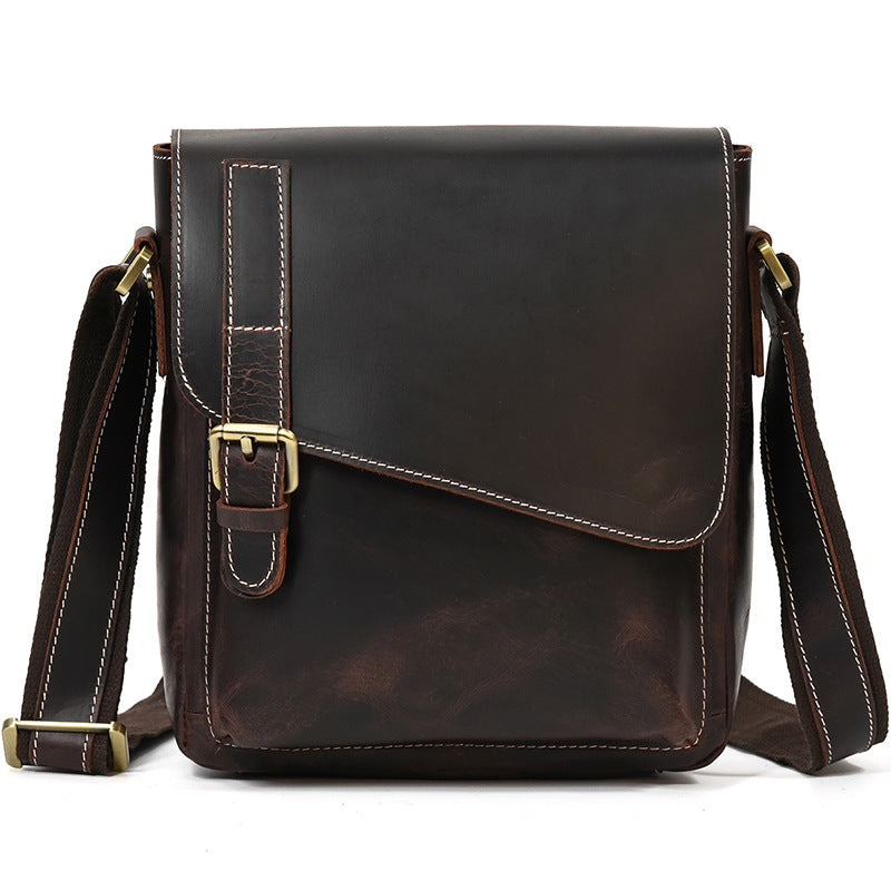 Genuine Top Layer Crazy Horse Cowhide Shoulder Bag for Men, Flap Crossbody Pouch, Casual Outdoor Travel Bag for Gentlemen
