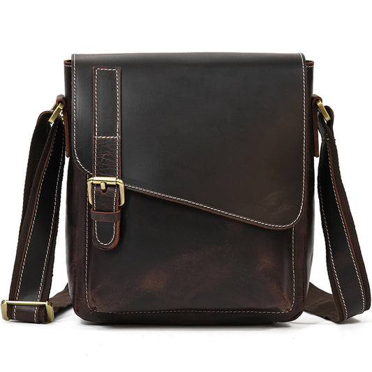 Vintage Crazy Horse Leather Flap Crossbody Shoulder Bag, Top Layer Cowhide Outdoor Casual Pouch for Men