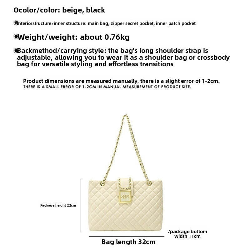 Genuine Leather Diamond Quilted Chain Tote Bag for Women, New Large Capacity Shoulder Handbag, Versatile Everyday Purse for Ladies