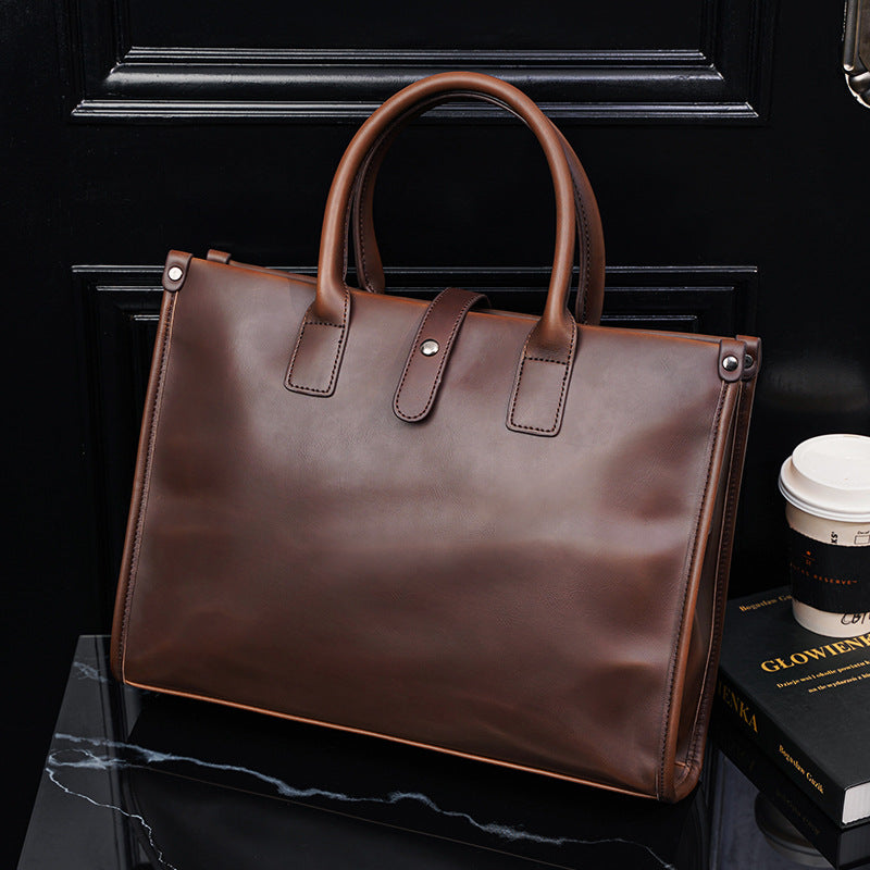 Genuine Leather Vintage Briefcase for Men, New Korean Style Business Casual Top Handle Shoulder Crossbody Bag, Trendy Document File Bag for Gentlemen