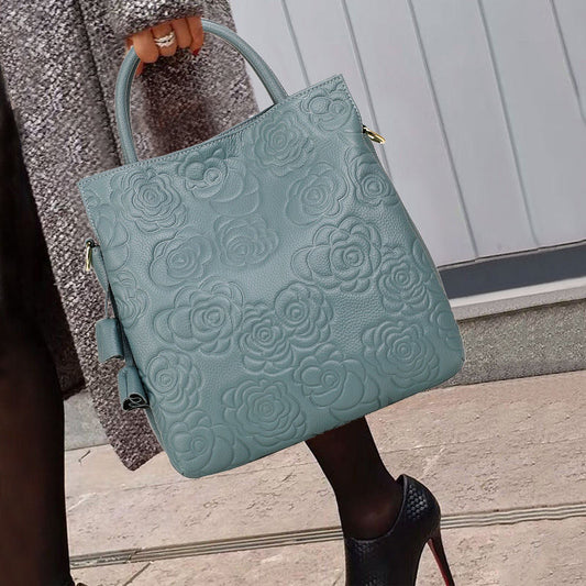 Genuine Cowhide Embossed Large Capacity Handbag for Women, Fashionable Top Handle Crossbody Purse, Chic Versatile Bag for Ladies