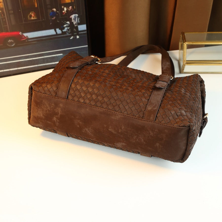 Woven Travel Tote Bag for Men and Women Large Capacity Shoulder Luggage Handbag, Coffee Brown Business Trip Purse with Versatile Design