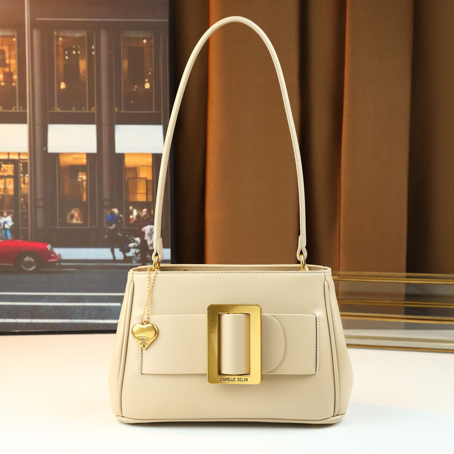 Vintage Metal Square Buckle Underarm Bag for Women with Heart Charm, Premium Shoulder Crossbody Purse with Versatile Commuter Style