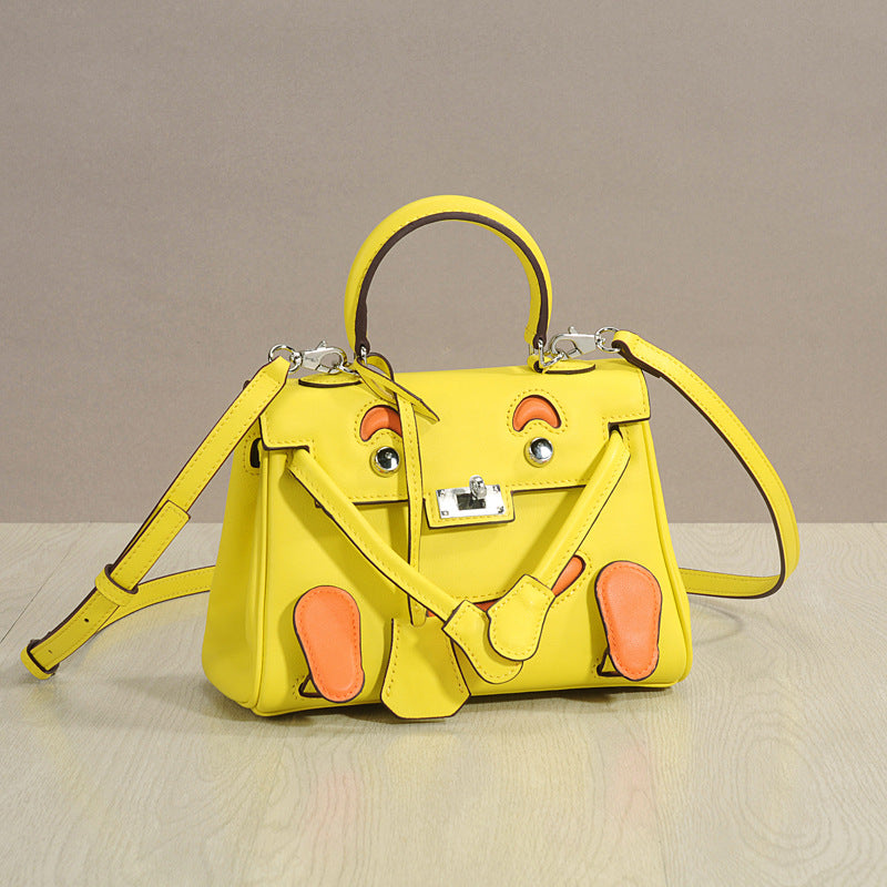 Genuine Top Layer Cowhide Smiley Face Bag for Women, Cute Mini Millennium Doll Crossbody Purse, Playful Kelly-Style Handbag with Premium Quality for Ladies