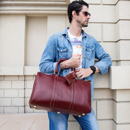 Vintage Wine Red Crazy Horse Leather Travel Duffle, Unisex Casual Top Handle Luggage Bag, Perfect Weekend Getaway Bag for Men and Women