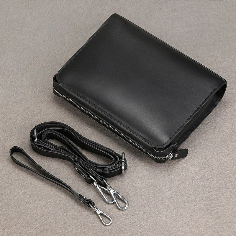 Black Business Clutch with Wrist Strap, 24cm Large Capacity Top Layer Cowhide Wallet, Men's Shoulder Bag for Work and Travel