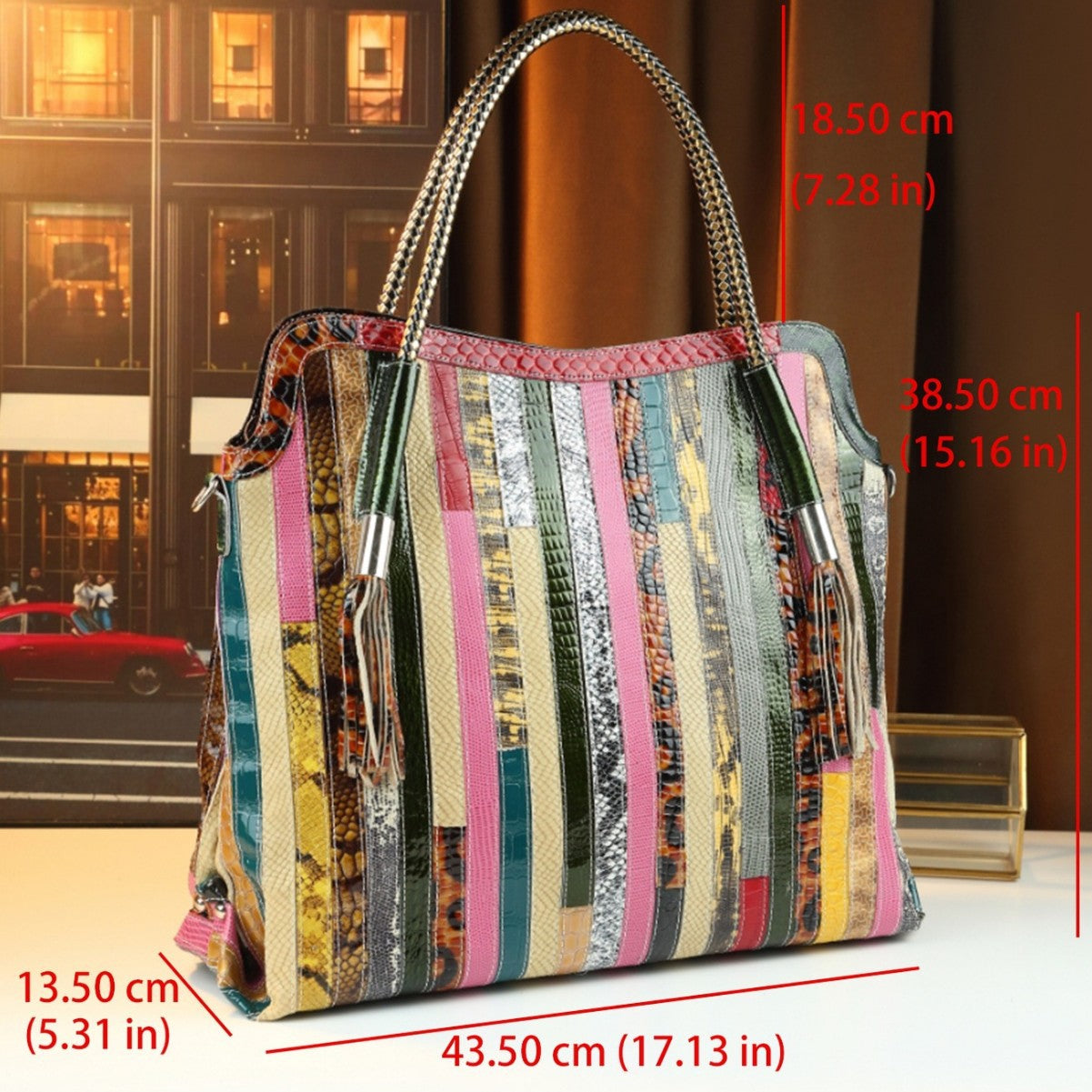 New Arrival Colorful Strap Genuine Leather Tote Bag for Women, A Casual Large Crossbody Shoulder Handbag with Unique Spliced Design