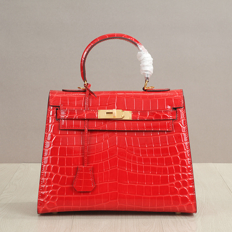 Genuine Leather Crocodile-Embossed Kelly-Style Handbag for Women, New Spring Summer Top Handle Crossbody Purse, Premium Elegant Shoulder Bag for Ladies