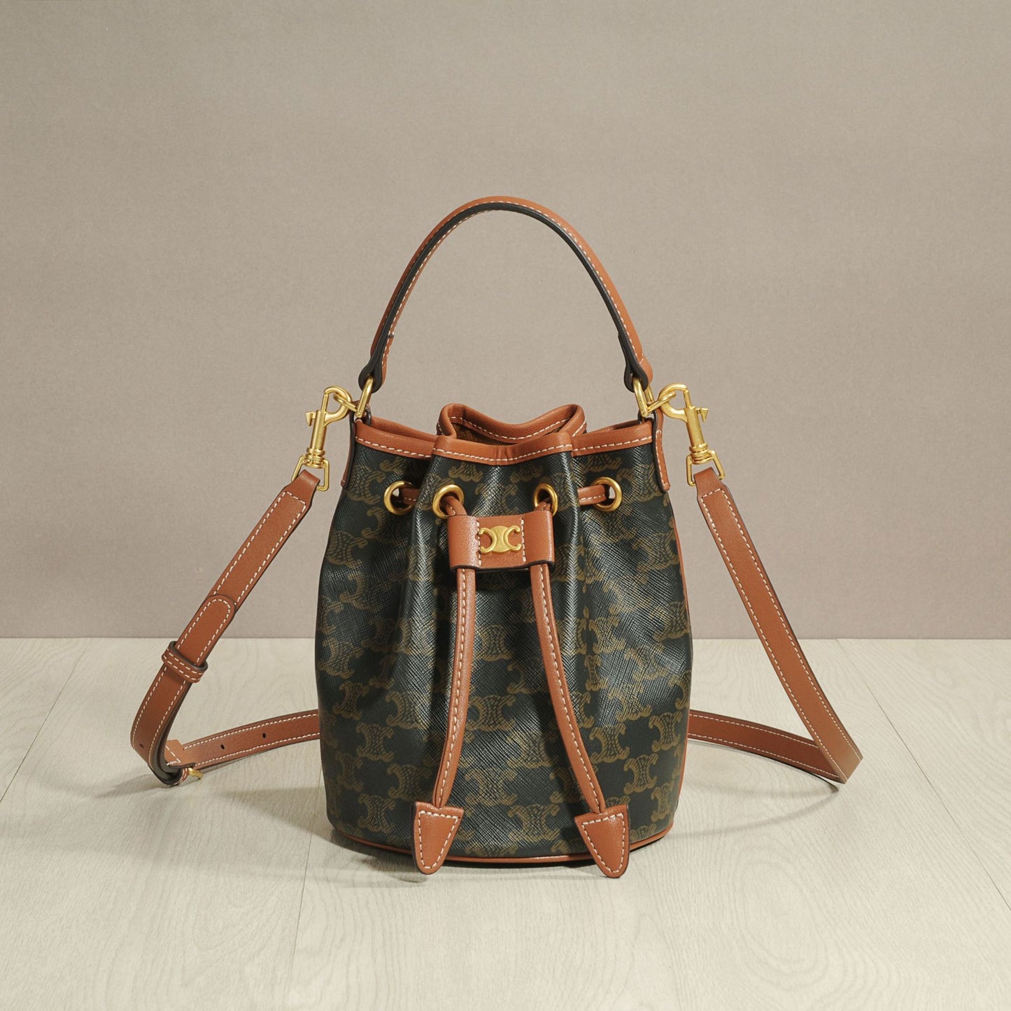 Summer New Classic Monogram Drawstring Small Genuine Leather Bucket Bag Handbag Crossbody Shoulder Purse
