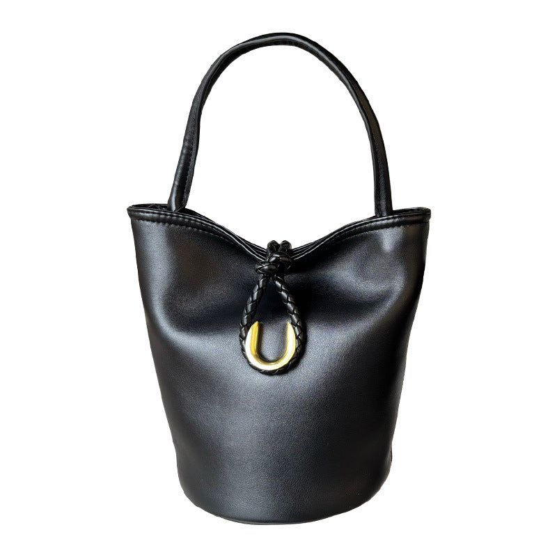 Genuine Cowhide Handwoven Bucket Bag with U-Buckle, New Vintage Shoulder Crossbody Top Handle Purse, Premium Handwoven Handbag for Ladies