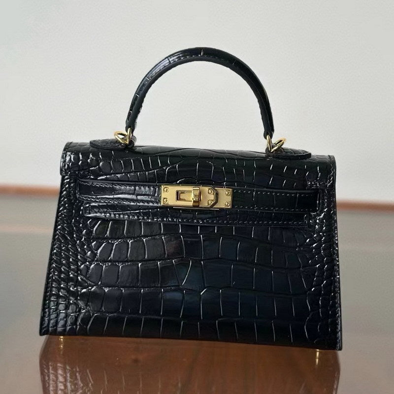 Genuine Leather High-Gloss Crocodile-Embossed Kelly-Style Bag for Women, New 2nd Gen Mini Top Handle Shoulder Purse, Premium Handbag for Ladies