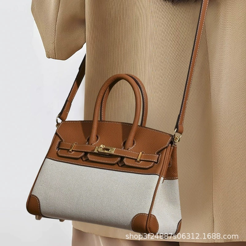 Chic Minimalist Canvas & Leather Birkin-Inspired Tote Bag for Women, Casual Bucket Handbag with Spliced Design, Versatile Top-Handle Shoulder Purse for Everyday Style
