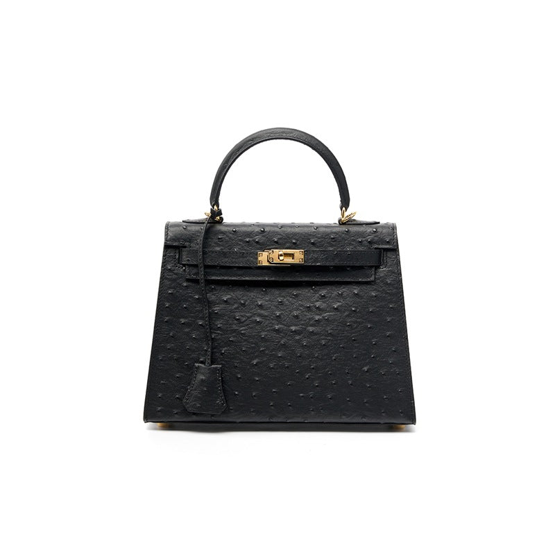 Genuine Top Layer Cowhide Ostrich-Embossed Handbag for Women, Black Crossbody Shoulder Purse, Niche Premium Large Capacity Bag for Ladies