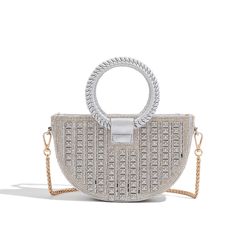 New Semi-Circle Rhinestone Top-Handle Bag for Women, Sparkly Crystal Shoulder Purse, Light Luxury Evening Handbag for Parties & Banquets