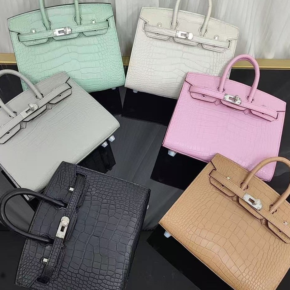 Genuine Top Layer Cowhide Matte Crocodile-Embossed Mini Birkin-Style Bag for Women, Semi-Handmade External Stitching Top Handle Purse, New Premium Handbag for Ladies