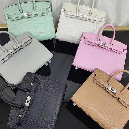 Genuine Top Layer Cowhide Matte Crocodile-Embossed Mini Birkin-Style Bag for Women, Semi-Handmade External Stitching Top Handle Purse, New Premium Handbag for Ladies
