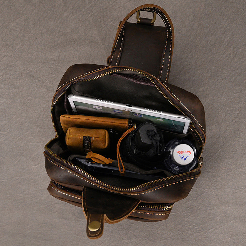 Large Capacity Crazy Horse Leather Chest Bag, Casual Crossbody Shoulder Pouch, Cowhide Bag Fits iPad for Men