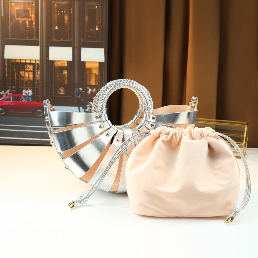 Fan-Shaped Shell Bag for Women Hollow Woven Sub-Bag Handbag, Trendy Shoulder Crossbody Purse with Unique Floral-Inspired Design