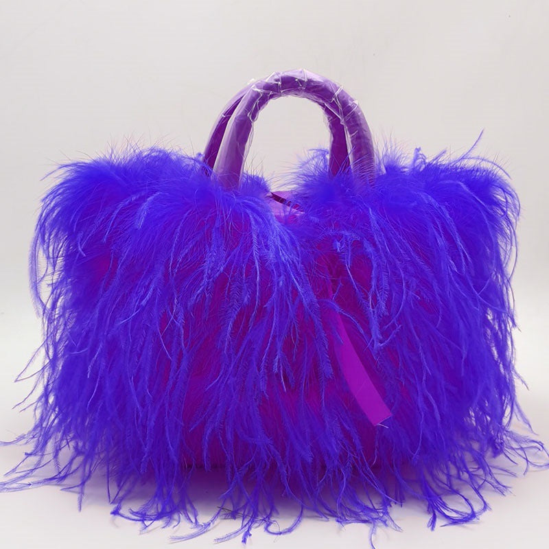 Genuine Ostrich Feather Tassel Handbag for Women, Light Luxury Trendy Top Handle Shoulder Purse, Runway Evening Clutch for Ladies