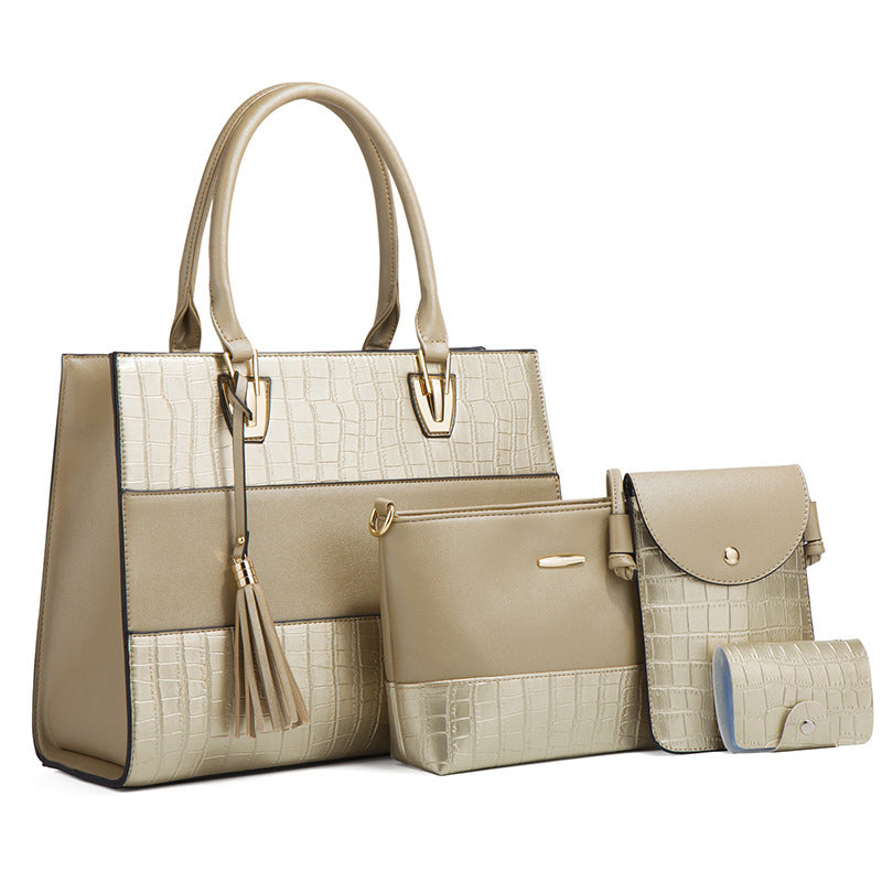 New Crocodile-Embossed Large Capacity 4-in-1 Tote Set, Trendy Tassel Shoulder Crossbody Bag, Versatile Mother-Child Handbag for Women