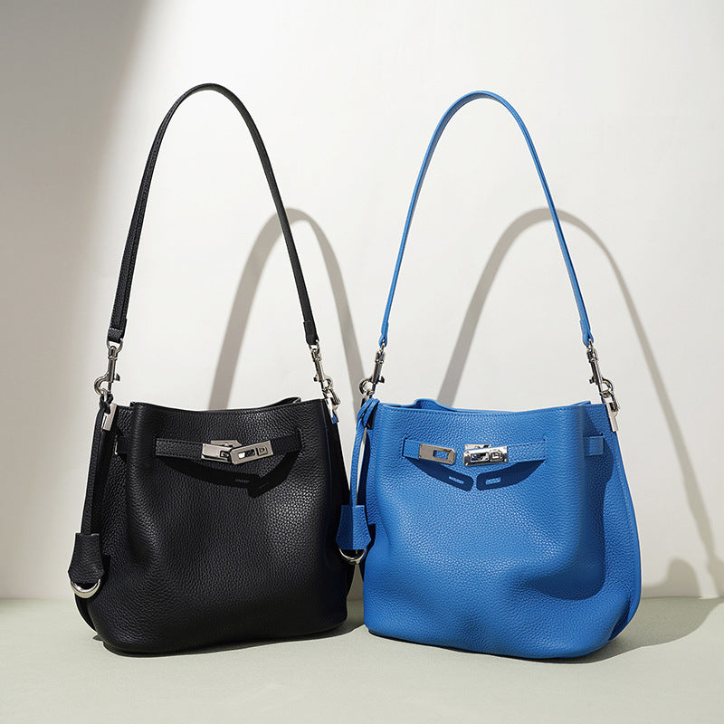 Genuine Soft Pebbled Leather Bucket Bag for Women, Fashionable Versatile Shoulder Crossbody Purse, Minimalist Niche Design Handbag for Ladies