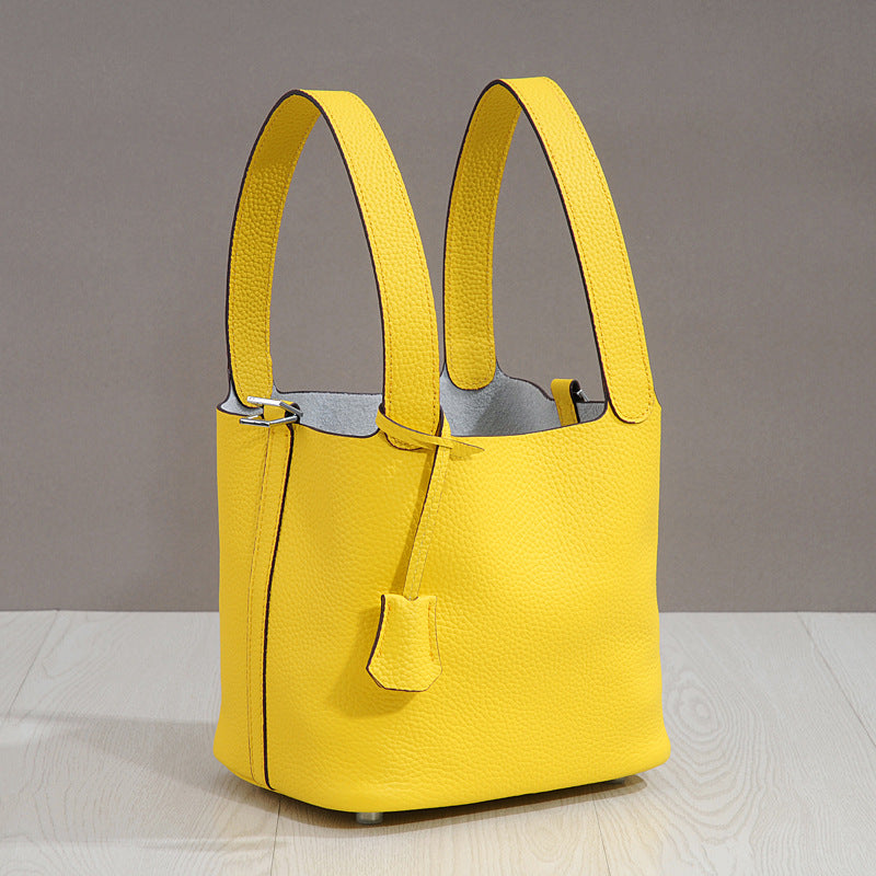 Genuine Top Layer Pebbled Cowhide Leather Bucket Bag for Women, New Fashionable Basket Mini Top Handle Handbag, Trendy Casual Purse for Ladies