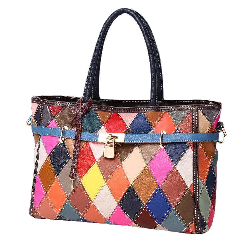 Genuine Top Layer Cowhide Color Block Handbag for Women, Vintage Platinum-Style Crossbody Top Handle Purse, New Arrival Designer Shoulder Bag