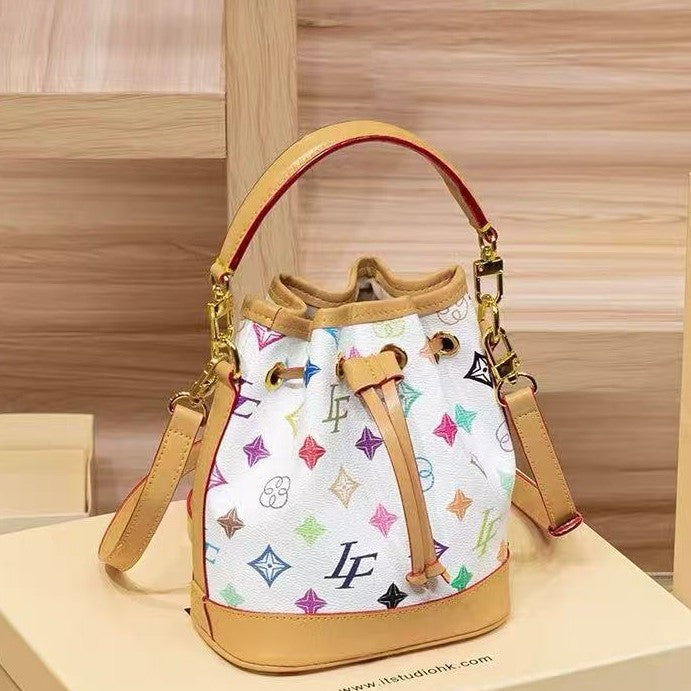 Genuine Leather Korean Style Printed Bucket Bag for Women, New Elegant Light Luxury Shoulder Crossbody Purse, Versatile Everyday Handbag for Ladies