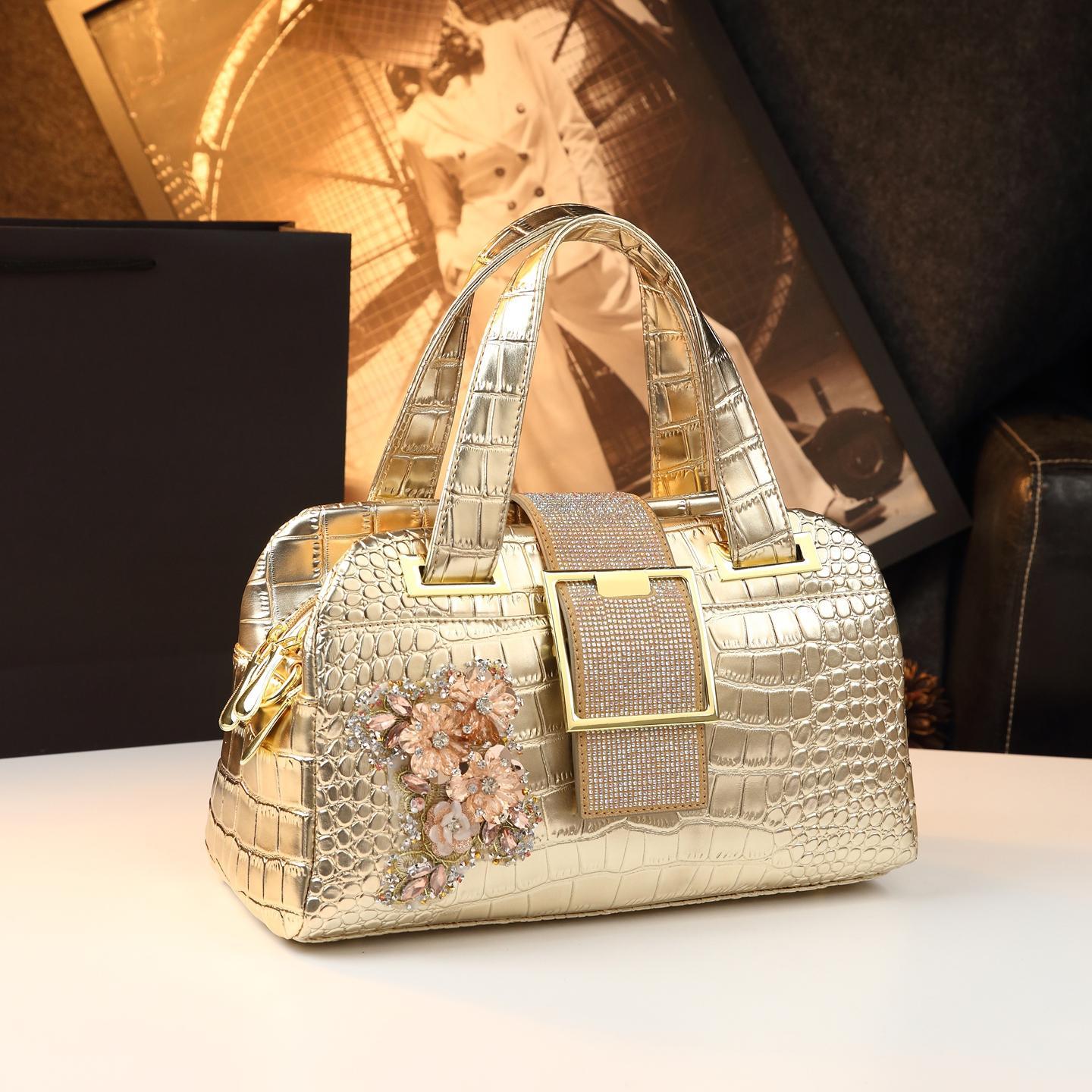 New Arrival Croc-Effect Boston Pillow Bag for Women, A Fashionable Shoulder Crossbody Top-Handle Handbag with Versatile Design, Perfect for Moms