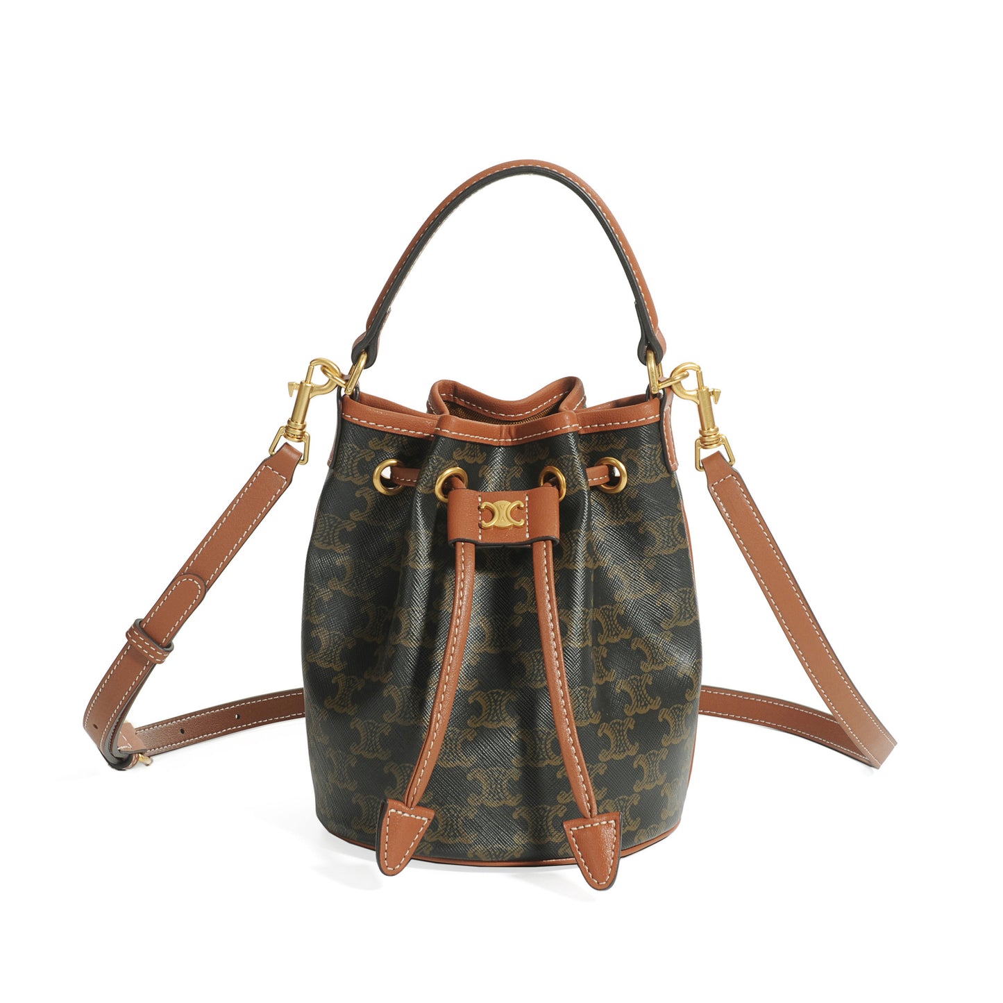 Summer New Classic Monogram Drawstring Small Genuine Leather Bucket Bag Handbag Crossbody Shoulder Purse