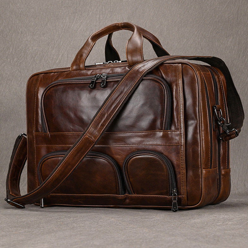 Genuine Oil Leather 17-Inch Laptop Briefcase for Men, New Large Capacity Business Top Handle Shoulder Bag, Premium Leather Work Commute Bag for Gentlemen