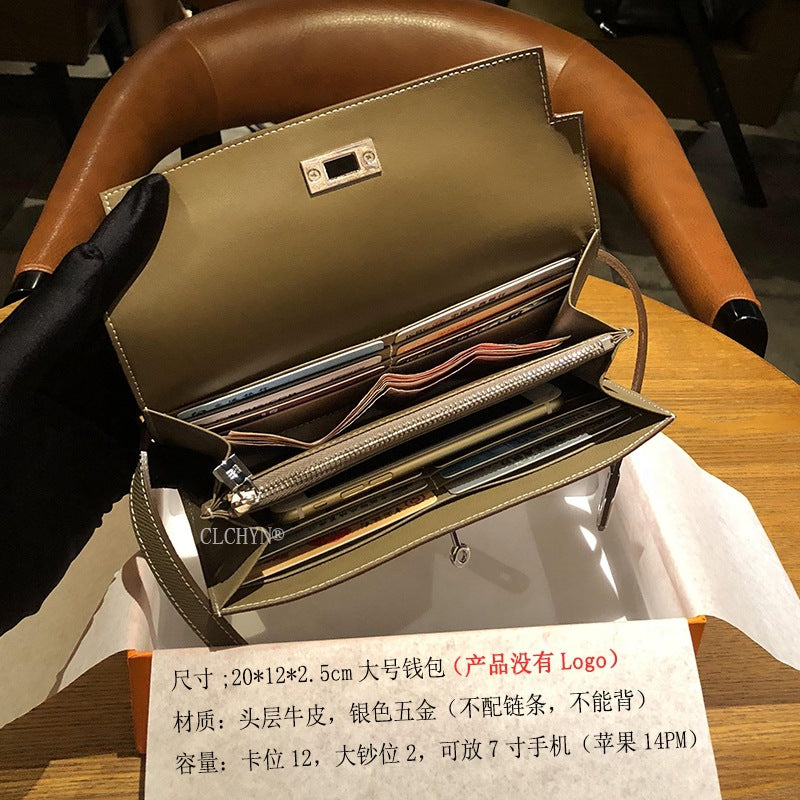 Genuine Togo Leather Long Wallet Clutch for Women, Hermès-Inspired Kelly-Style Money Holder, Premium Epsom Leather Phone Bag for Ladies