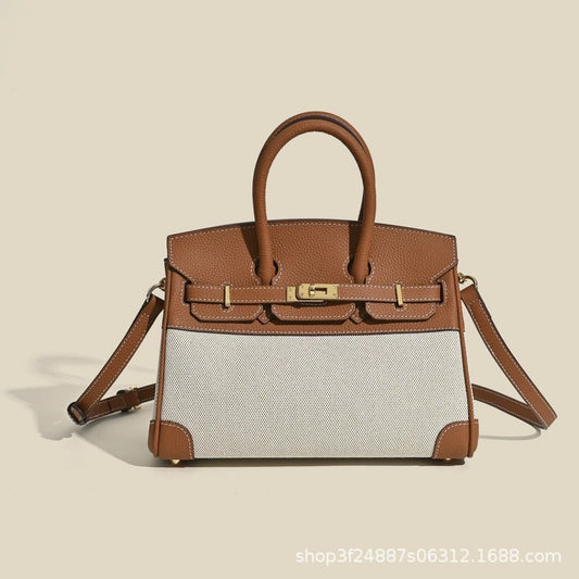 Chic Minimalist Canvas & Leather Birkin-Inspired Tote Bag for Women, Casual Bucket Handbag with Spliced Design, Versatile Top-Handle Shoulder Purse for Everyday Style