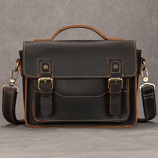 Vintage Crazy Horse Leather Small Crossbody Shoulder Bag, Top Layer Cowhide Outdoor Pouch with Top Handle for Men